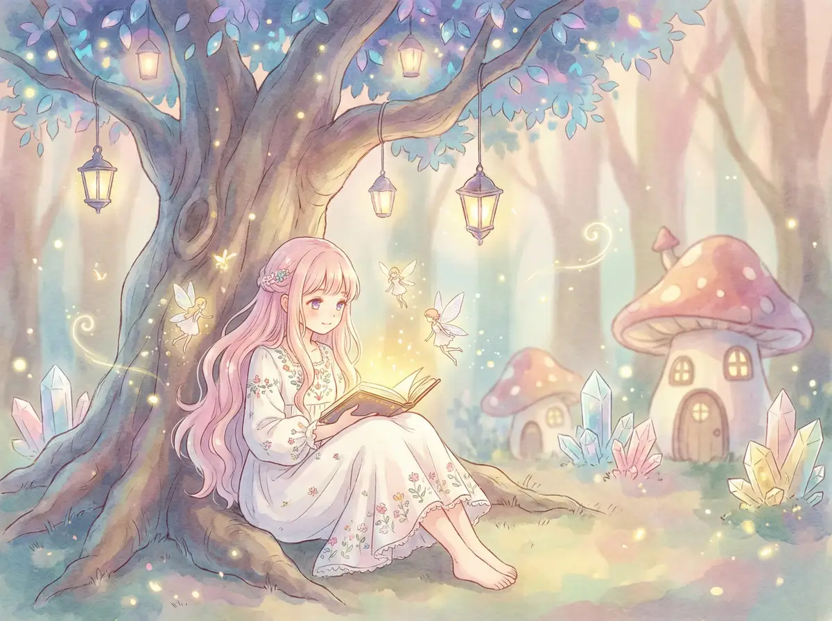 种子 搜索 - 魔法森林中阅读故事书的粉发少女与精灵